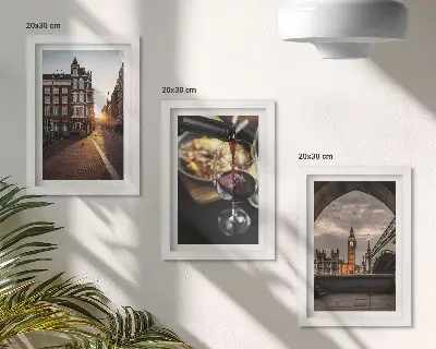 Photo frame wall A set of pictures with a city, food, and a view of London
