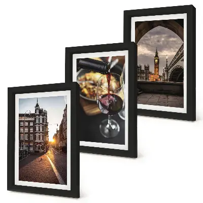 Photo frame wall A set of pictures with a city, food, and a view of London