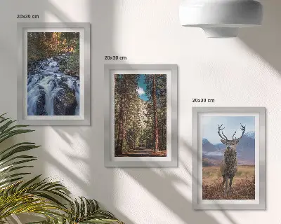 Framed triptych waterfall in the forest with mountains and deer in nature