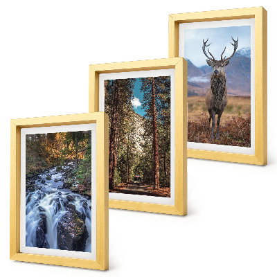 Framed triptych Waterfall in the forest, mountains and deer in nature