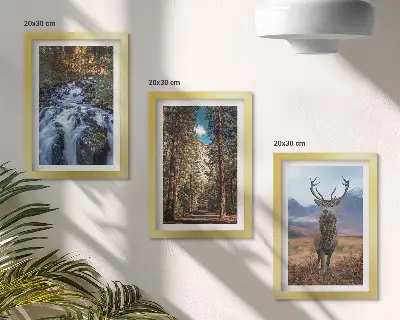 Framed triptych waterfall in the forest with mountains and deer in nature