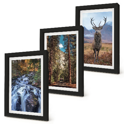 Framed triptych Waterfall in the forest, mountains and deer in nature