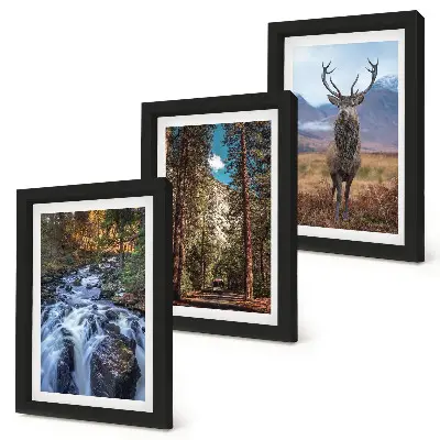 Framed triptych waterfall in the forest with mountains and deer in nature