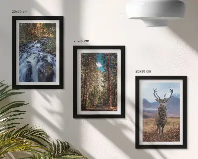 Framed triptych waterfall in the forest with mountains and deer in nature