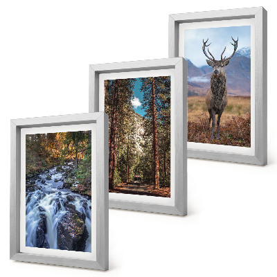 Framed triptych Waterfall in the forest, mountains and deer in nature