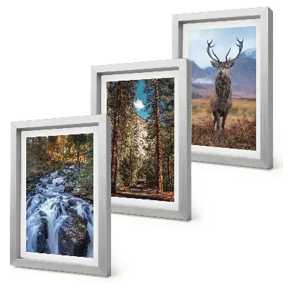 Framed triptych waterfall in the forest with mountains and deer in nature