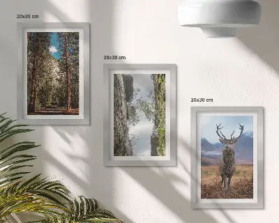 3-piece wall art set featuring a road in the forest with mountains and deer in nature