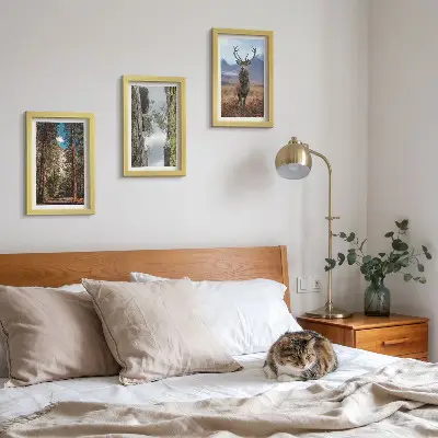 3-piece wall art set featuring a road in the forest with mountains and deer in nature