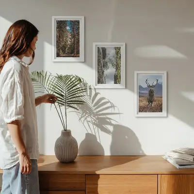 3-piece wall art set featuring a road in the forest with mountains and deer in nature