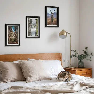 3-piece wall art set featuring a road in the forest with mountains and deer in nature