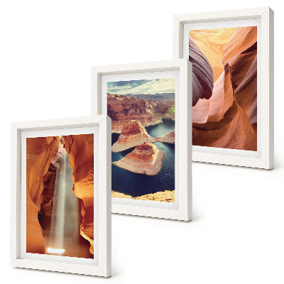 Framed triptych Waterfall in the gorge rock formations in the canyon