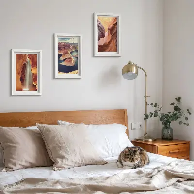 Waterfall in the gorge rock formations in the canyon framed triptych