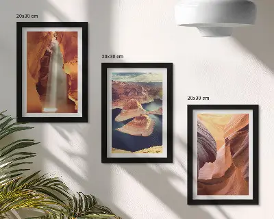 Waterfall in the gorge rock formations in the canyon framed triptych