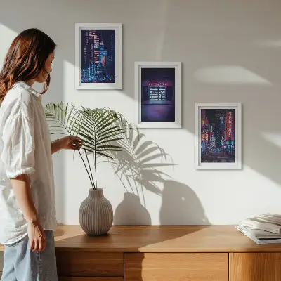Photo frame wall Night city with neon lights and a cinema entrance