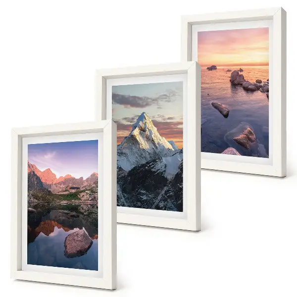 Mountain landscape framed triptych with water and rocks in the background