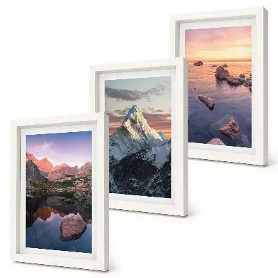 Mountain landscape framed triptych with water and rocks in the background