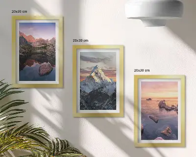 Mountain landscape framed triptych with water and rocks in the background