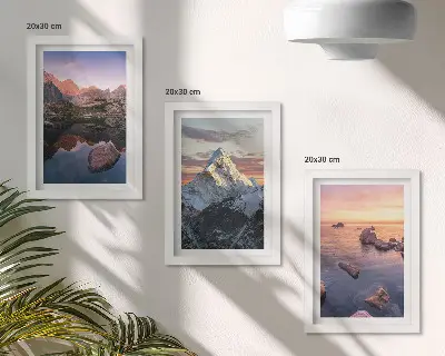 Mountain landscape framed triptych with water and rocks in the background