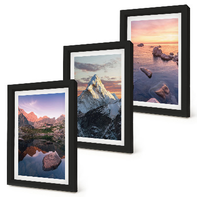 Framed triptych Mountain landscapes with water and rocks in the background