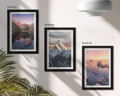Mountain landscape framed triptych with water and rocks in the background
