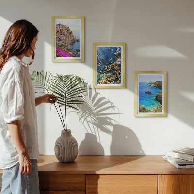3-piece wall art set Seaside views with colorful houses and a coral reef