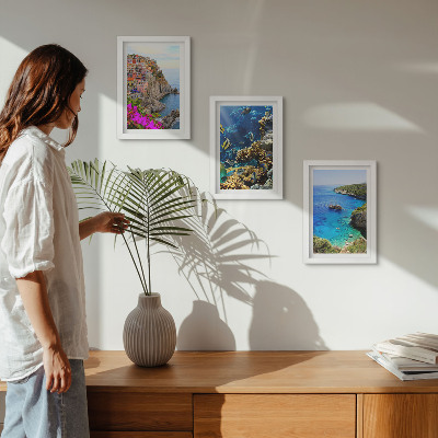 3-piece wall art set Seaside views with colorful houses and a coral reef