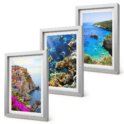 3-piece wall art set Seaside views with colorful houses and a coral reef