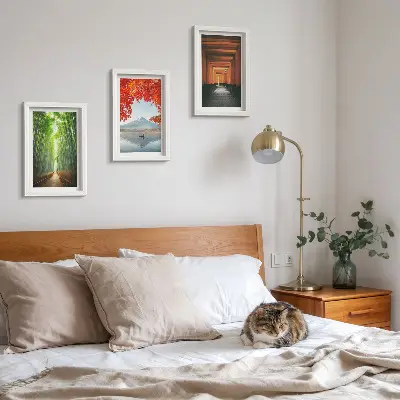 Photo frame wall featuring a bamboo forest, Mount Fuji, and a Japanese torii path