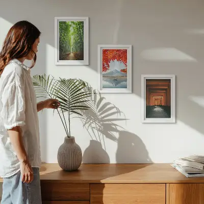 Photo frame wall featuring a bamboo forest, Mount Fuji, and a Japanese torii path