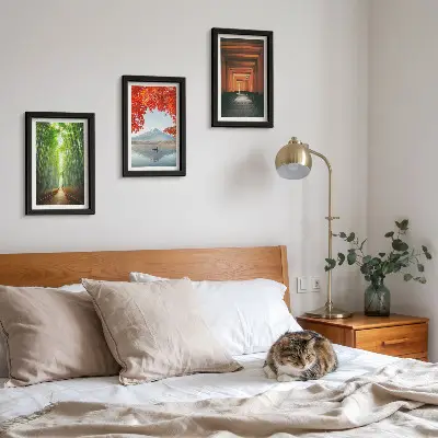 Photo frame wall featuring a bamboo forest, Mount Fuji, and a Japanese torii path