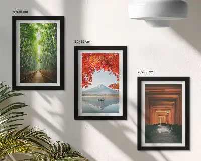 Photo frame wall featuring a bamboo forest, Mount Fuji, and a Japanese torii path
