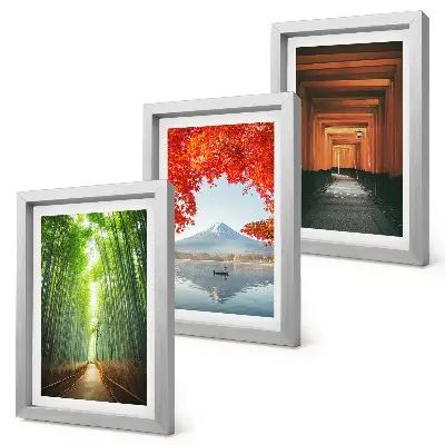 Photo frame wall featuring a bamboo forest, Mount Fuji, and a Japanese torii path