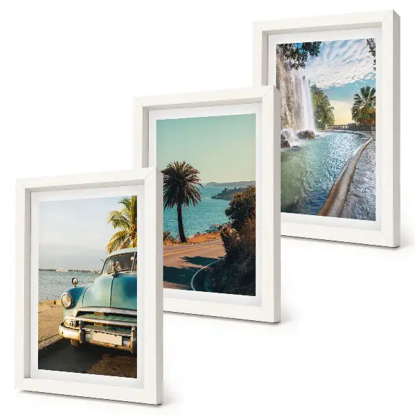 Holiday landscapes with palm trees and a waterfall framed triptych