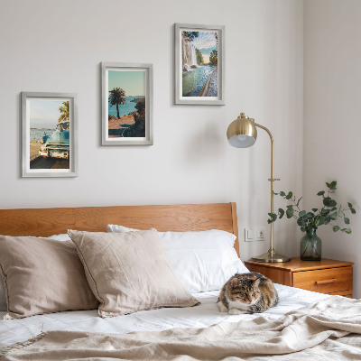 Framed triptych Holiday landscapes with palm trees and a waterfall