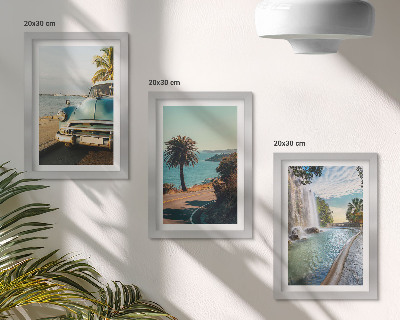 Framed triptych Holiday landscapes with palm trees and a waterfall