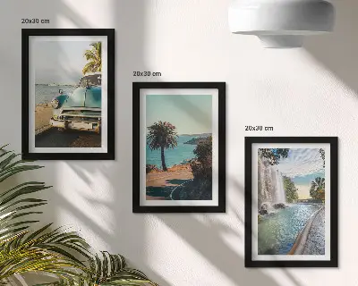 Holiday landscapes with palm trees and a waterfall framed triptych