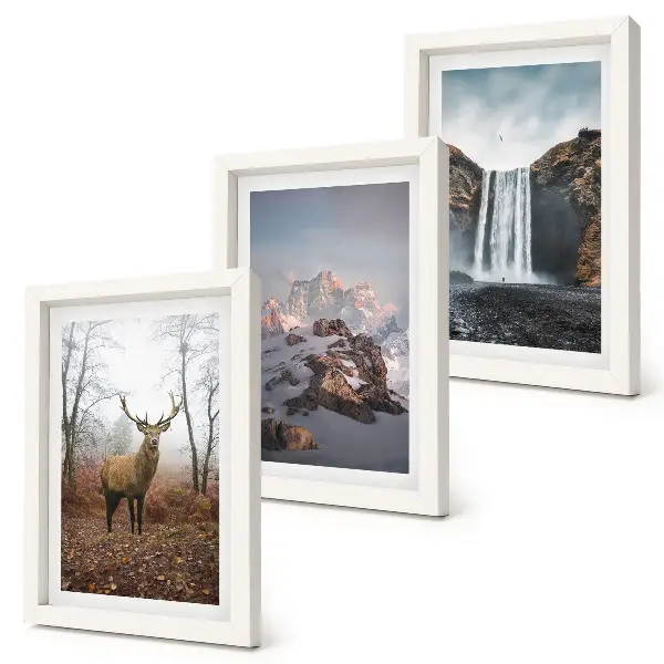 3-piece wall art set featuring natural wild landscapes with mountains, deer, and waterfalls