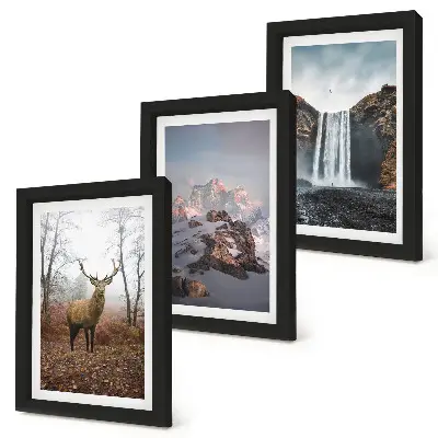 3-piece wall art set featuring natural wild landscapes with mountains, deer, and waterfalls