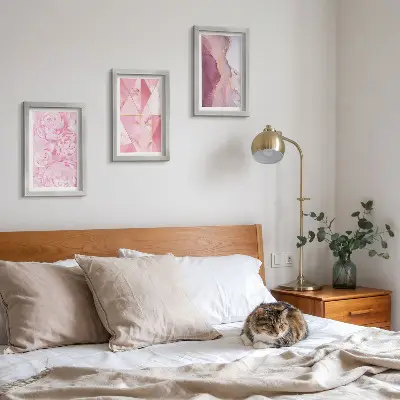 Pink flowers peonies geometric patterns framed triptych