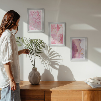 Framed triptych Pink flowers peonies geometric patterns