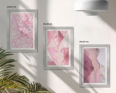 Pink flowers peonies geometric patterns framed triptych