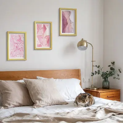 Pink flowers peonies geometric patterns framed triptych