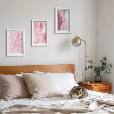 Pink flowers peonies geometric patterns framed triptych