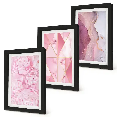 Pink flowers peonies geometric patterns framed triptych