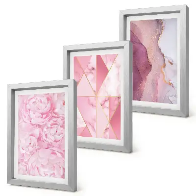 Pink flowers peonies geometric patterns framed triptych