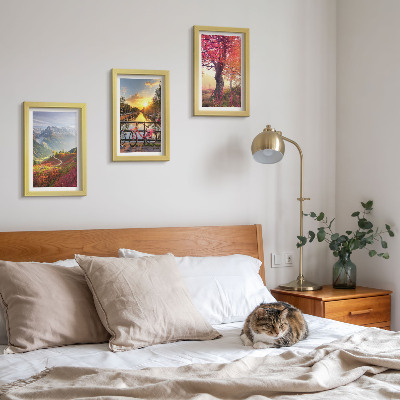 Photo frame wall Mountain landscapes with a bicycle and an autumn tree