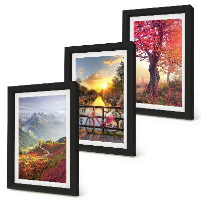 Photo frame wall Mountain landscapes with a bicycle and an autumn tree