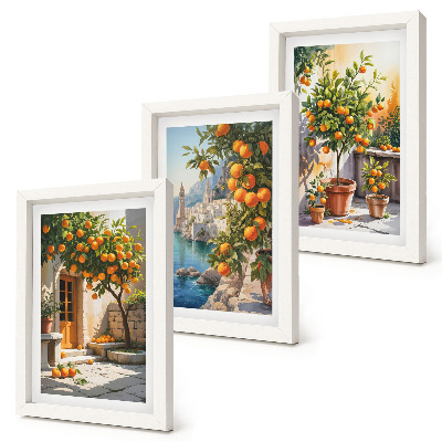Framed triptych Painted citrus fruits and seaside landscapes
