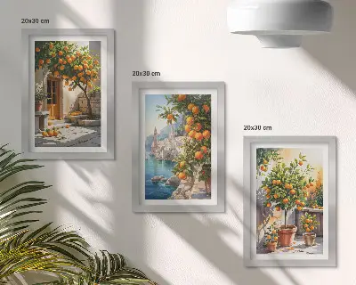 Framed triptych featuring painted citrus fruits and seaside landscapes