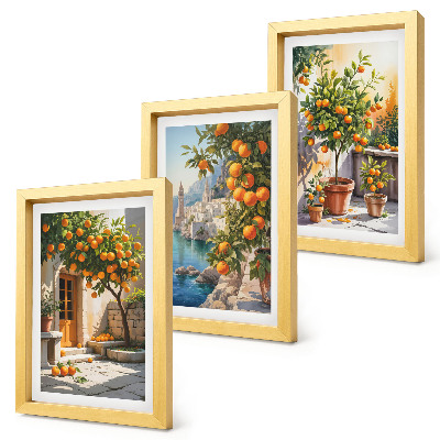 Framed triptych Painted citrus fruits and seaside landscapes
